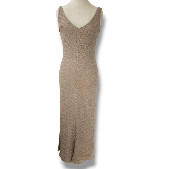 Carmen Marc Valvo Knit crochet Maxi Dress L tan gold All-over beaded formal vtg - Picture 3 of 13